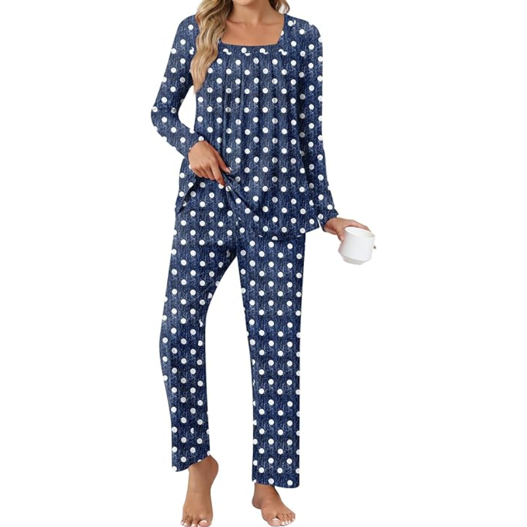 Comfy 2-Piece Lounge Pajama with Pockets - Laetitia-Spotted Tibetan Blue-M-Nora Luxe