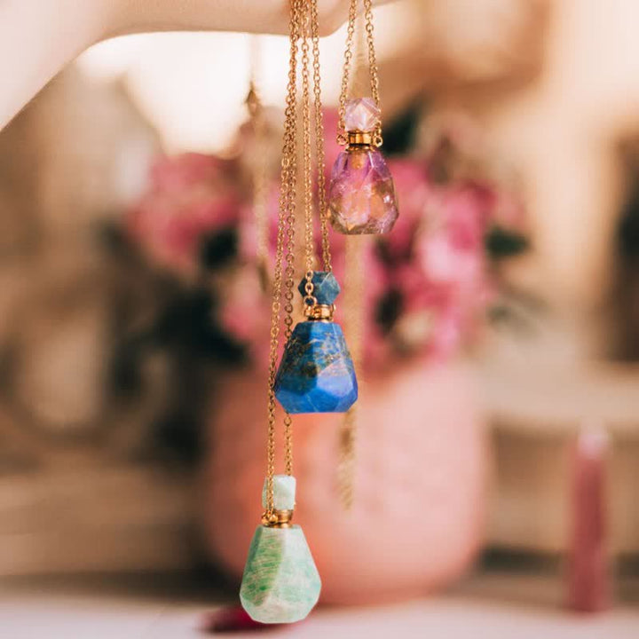 Crystal Perfume Bottle Necklace - Iris-Rose quartz-Nora Luxe