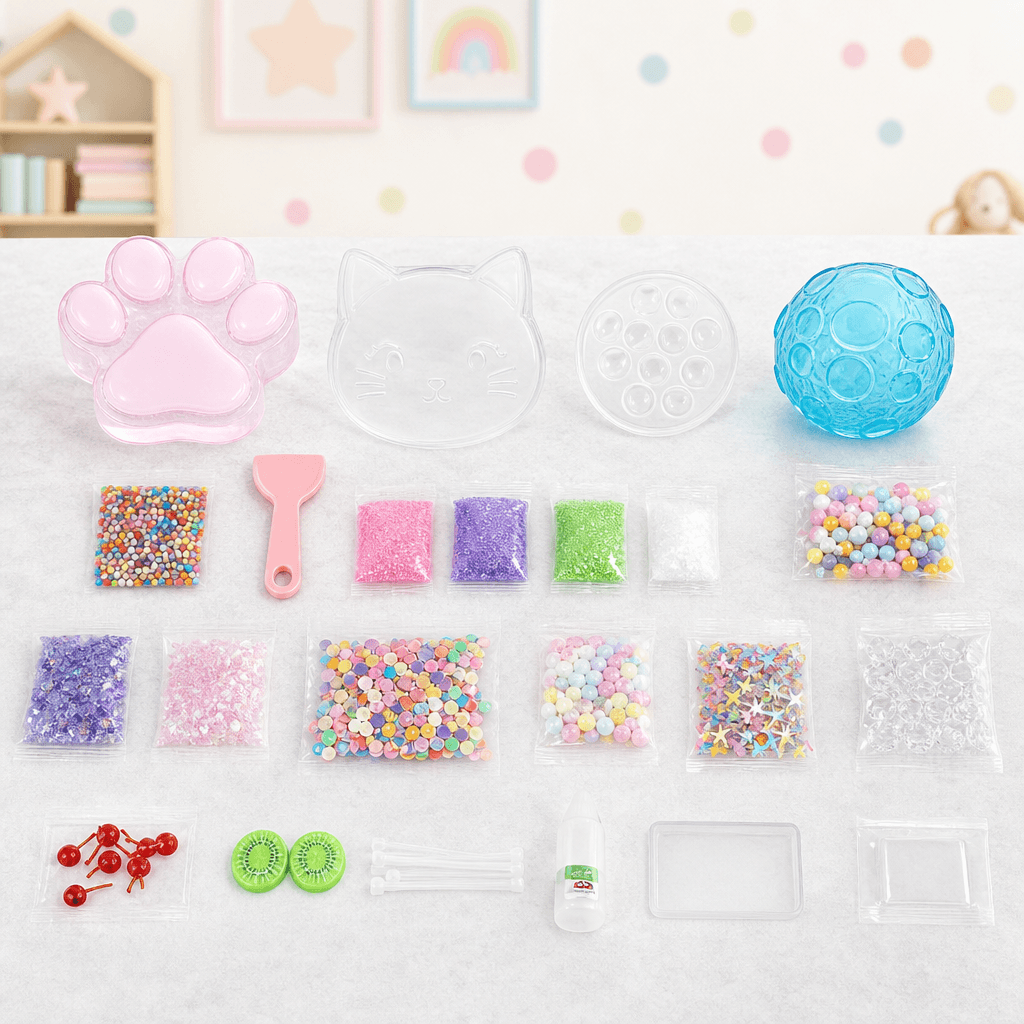Kit contents laid out on a table: paw and cat-face molds, a blue ball, beads and sequins 1