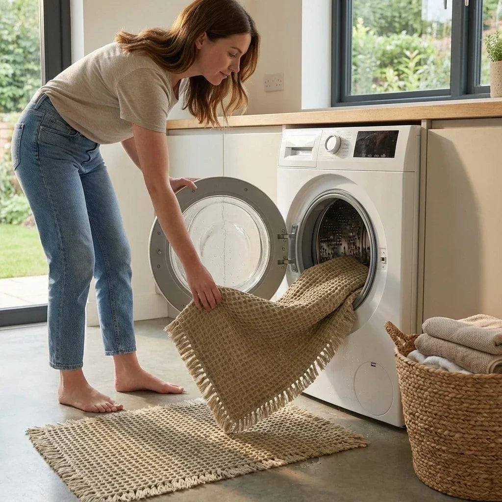 Woman in jeans lifts the damp waffle mat out of a washing machine next to a laundry basket 4