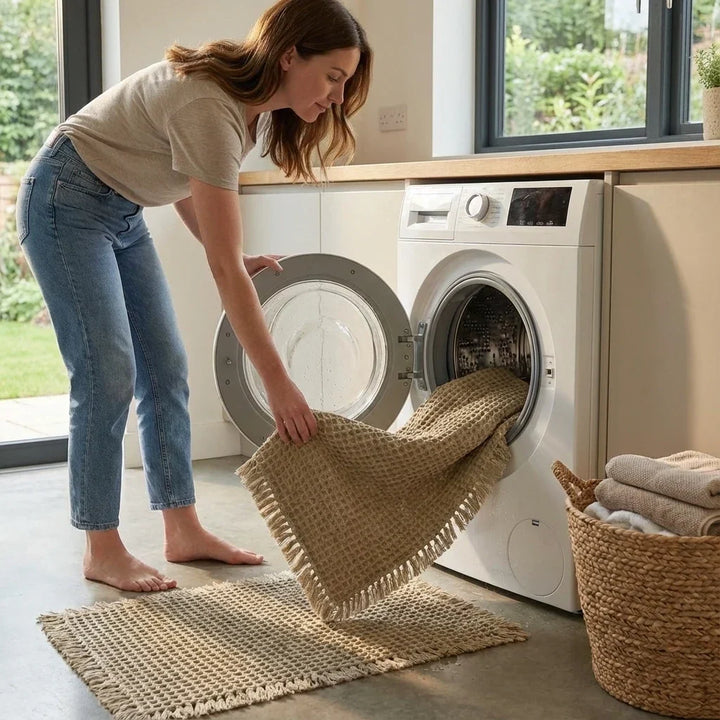 Woman in jeans lifts the damp waffle mat out of a washing machine next to a laundry basket 4