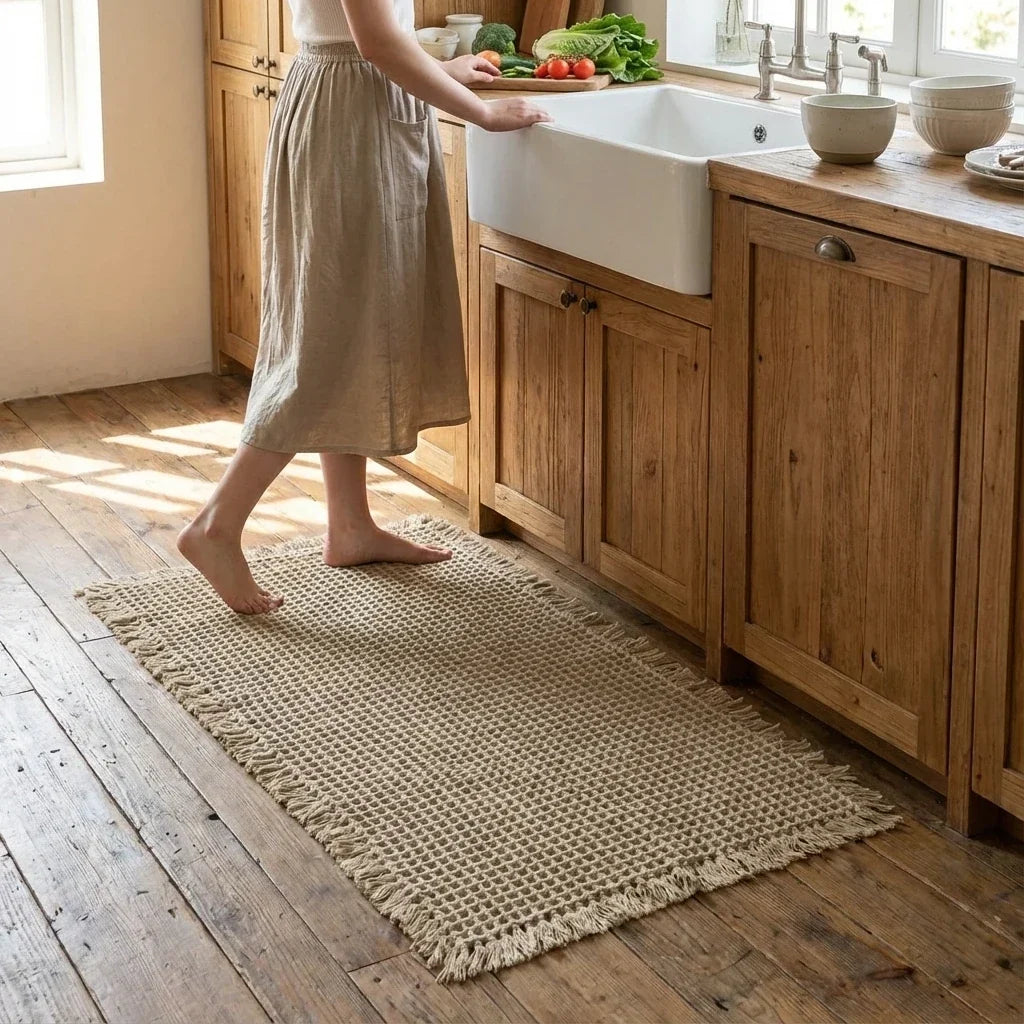 Barefoot woman in a linen skirt stands on the fringed beige waffle mat at a farmhouse kitchen sink 1