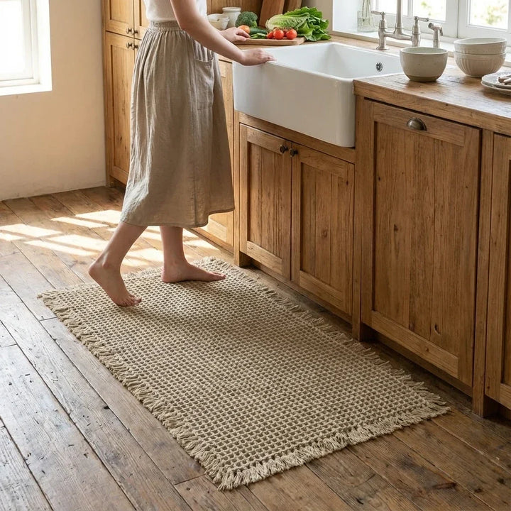 Barefoot woman in a linen skirt stands on the fringed beige waffle mat at a farmhouse kitchen sink 1