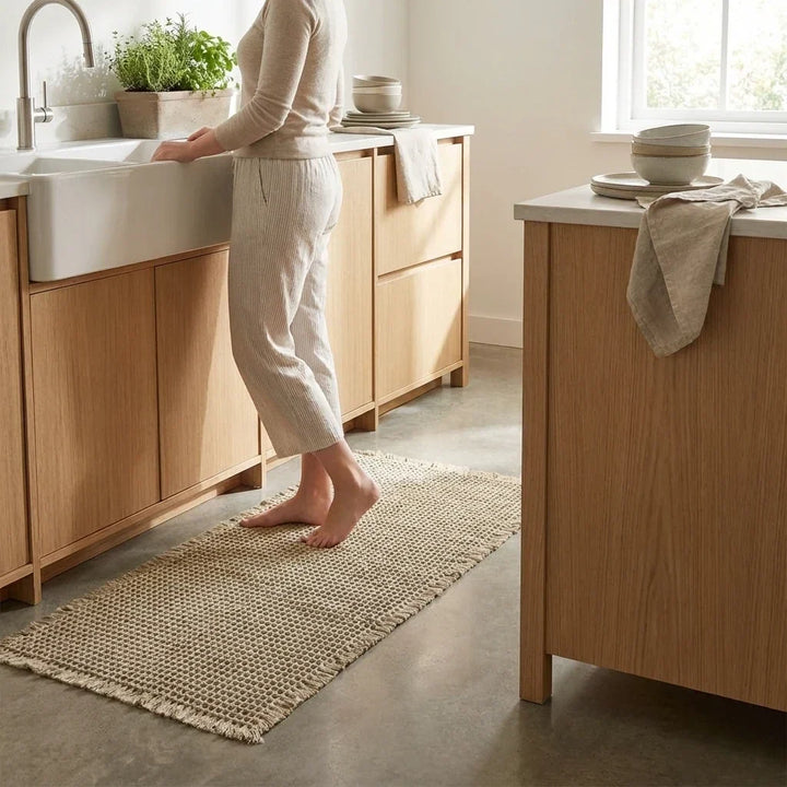 Long fringed waffle runner on a concrete kitchen floor with a person standing barefoot at the sink 7