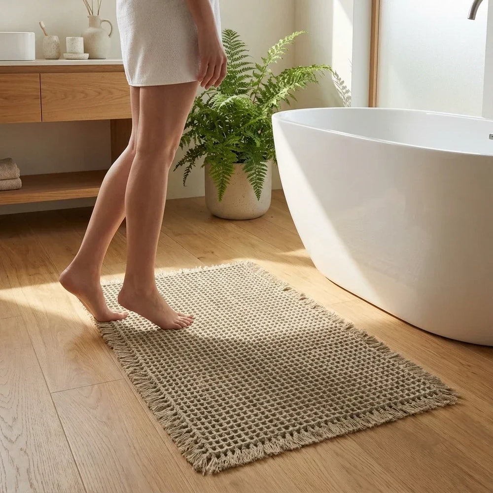 Barefoot person steps onto the fringed waffle mat beside a freestanding bathtub and a potted fern 2