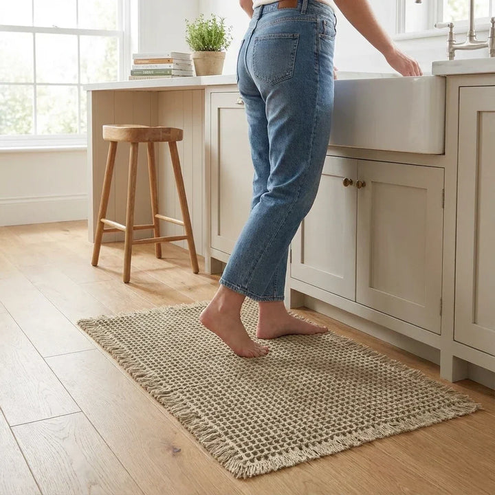 Barefoot person in jeans stands on the fringed waffle mat in front of a cream kitchen sink cabinet 6