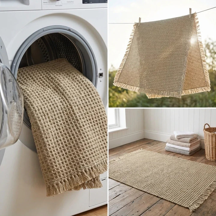 Collage of the waffle mat in a dryer, hanging on a clothesline, and lying flat on a wooden floor 5