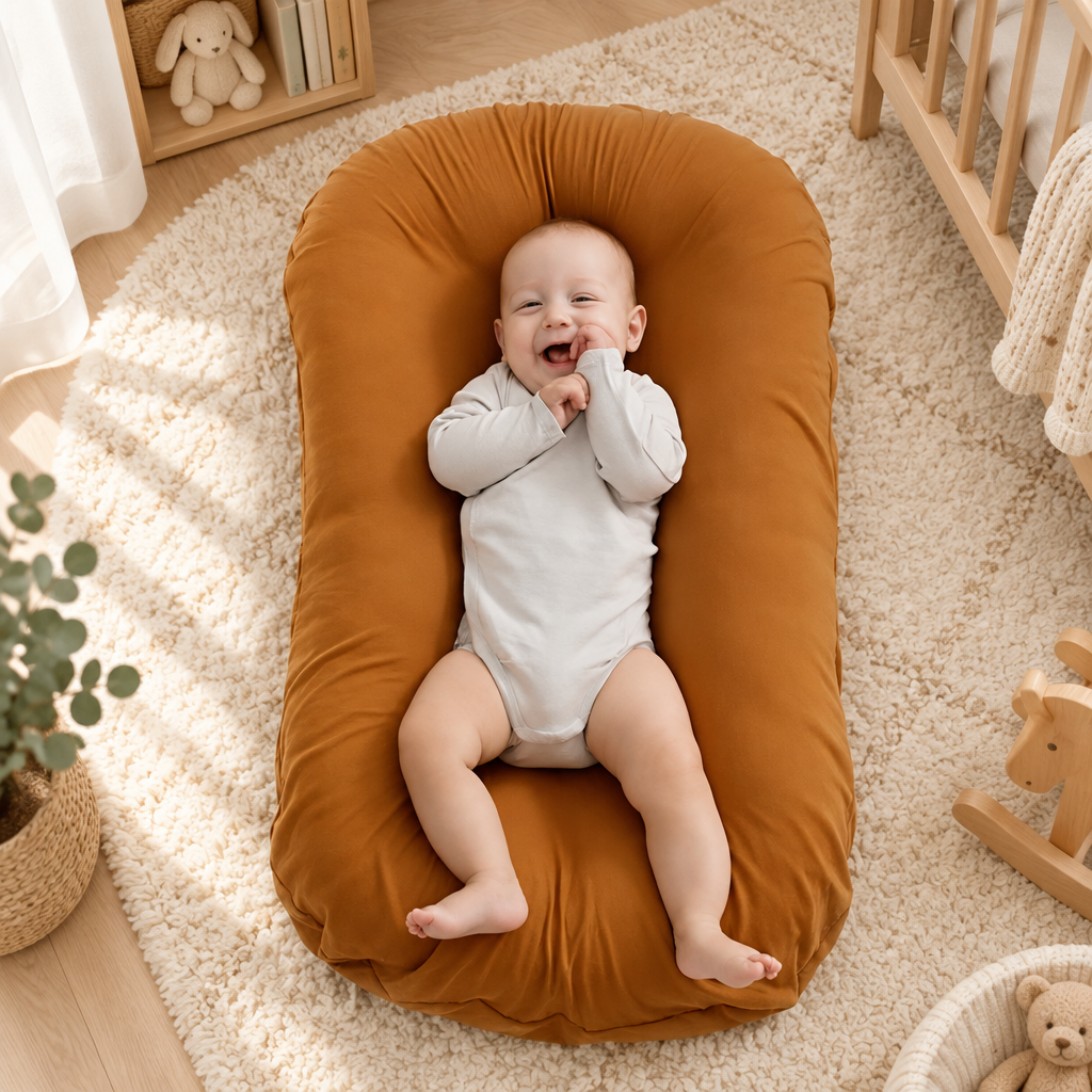 Smiling baby in a white bodysuit lies on a rust-orange lounger in a cozy nursery 1