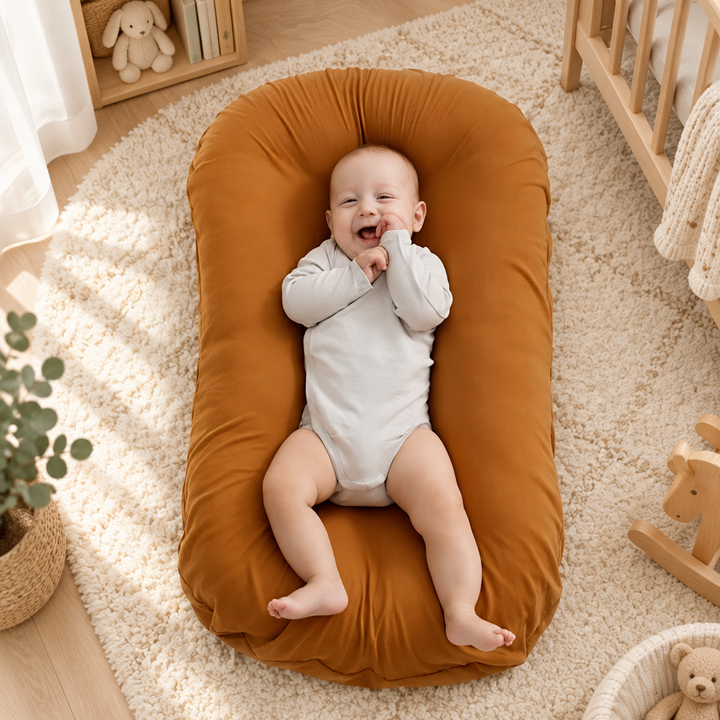 Smiling baby in a white bodysuit lies on a rust-orange lounger in a cozy nursery 1
