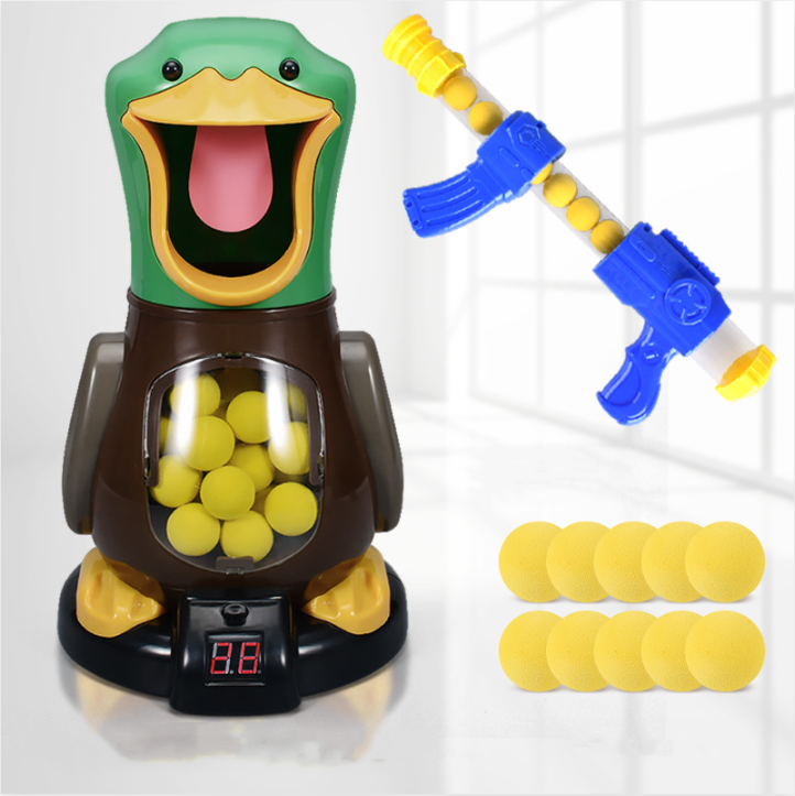 Duck target with its score display, one blue blaster and ten loose yellow foam balls 5