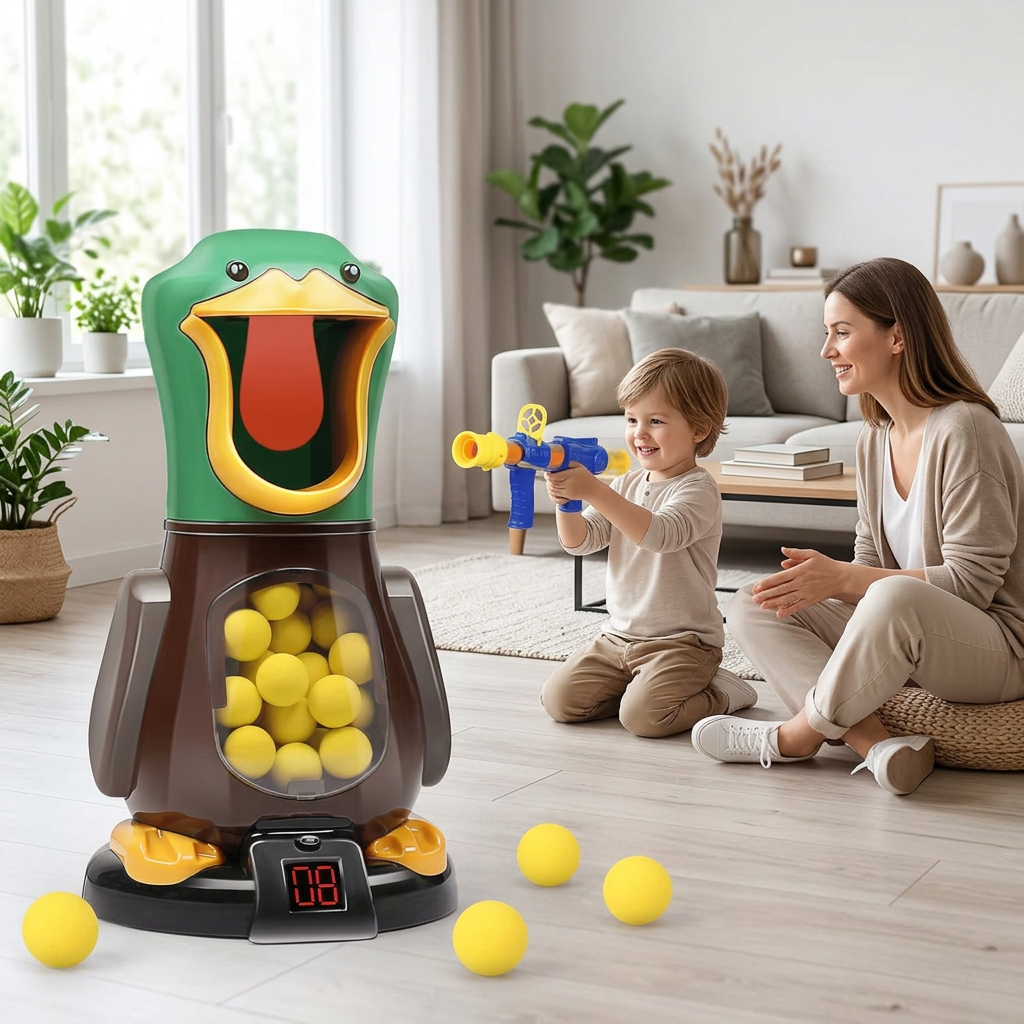 Smiling boy aims a blue and yellow foam blaster at the duck target while his mother watches in a living room 1