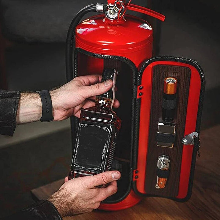 Hands lifting a whiskey bottle from the open red bar, with wood-look door holding small accessories 9