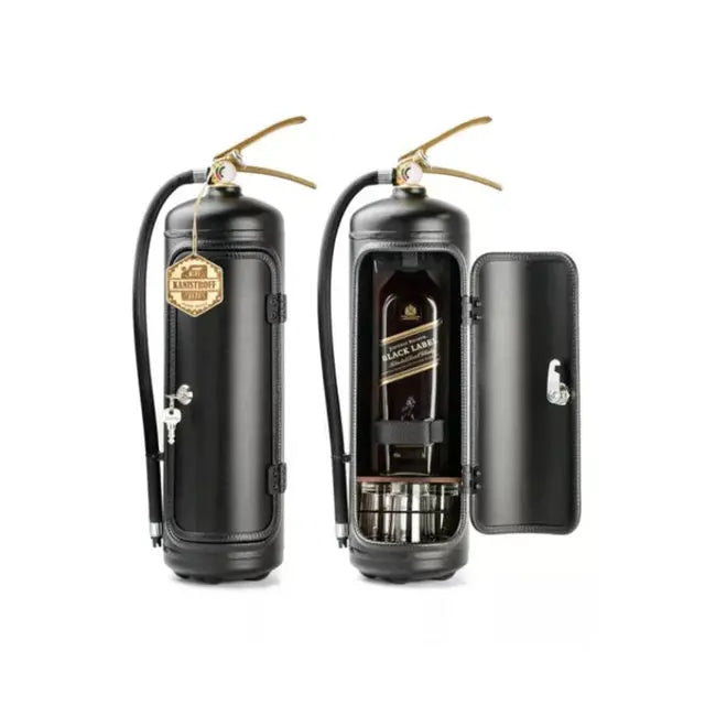 Two black extinguisher bars side by side, one closed with a key and tag, one open with a bottle 3
