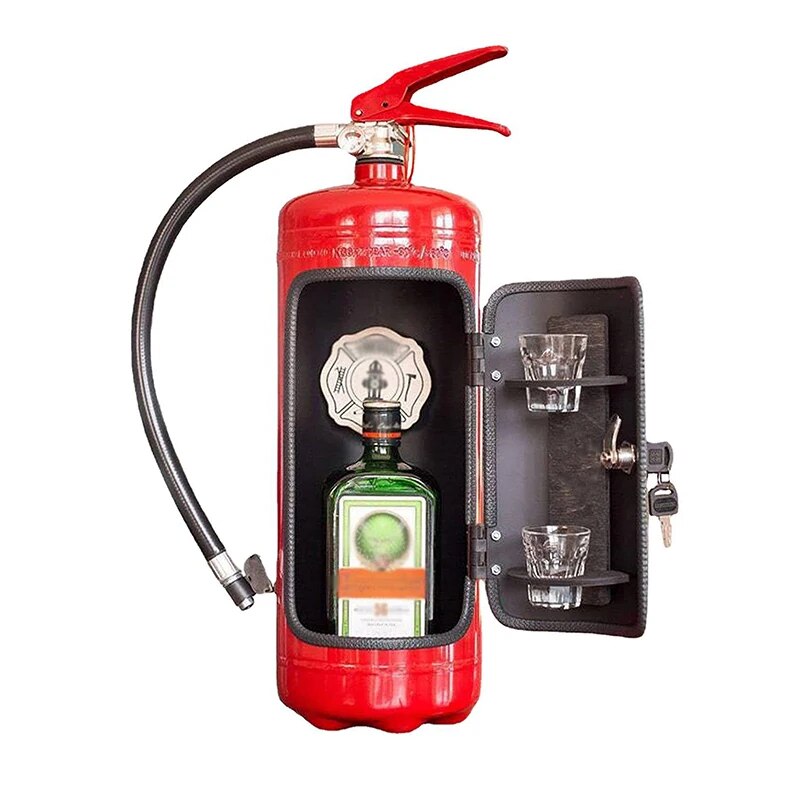 Red fire extinguisher-shaped bar with its door open, showing a green bottle, two shot glasses and a keyed lock 1