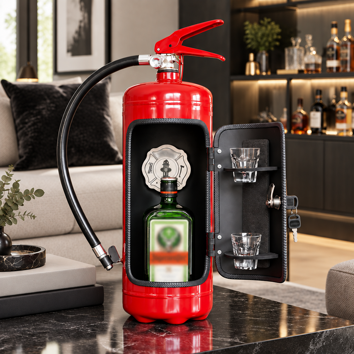 Red extinguisher-shaped bar with its door open, a bottle and two shot glasses inside, on a marble table 1