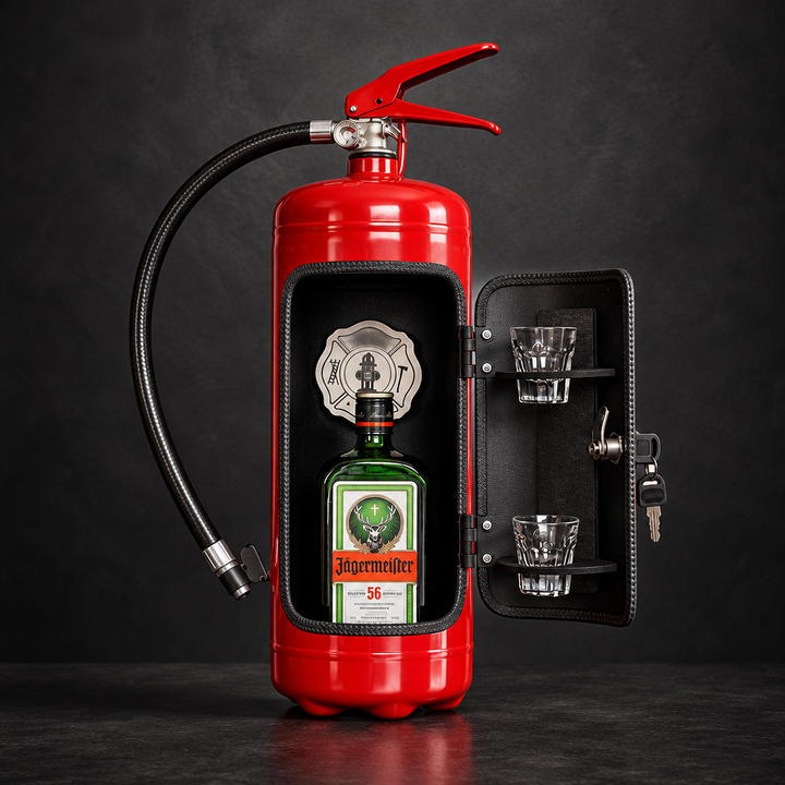 Red fire extinguisher bar with its door open, showing a bottle, two shot glasses on the door and keys 9