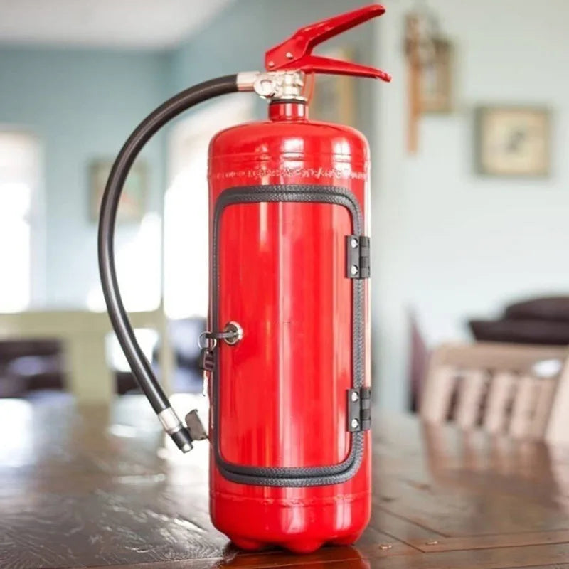 Red fire extinguisher-style mini bar with a lockable hinged door, standing on a wooden table indoors 4