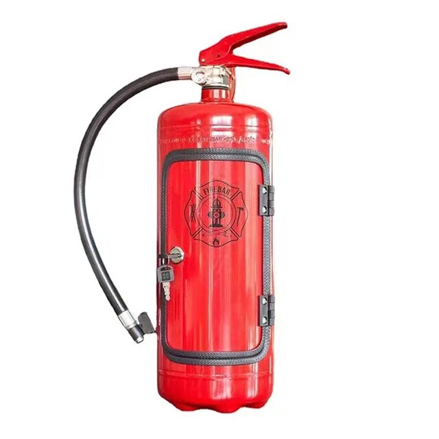 Red extinguisher-shaped mini bar with a closed, locked front door, black hose and a key in the lock 3