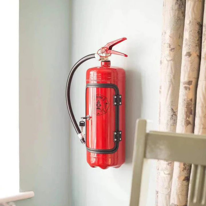 Red fire extinguisher-style mini bar with a locked door, mounted on a pale wall beside a curtain 5
