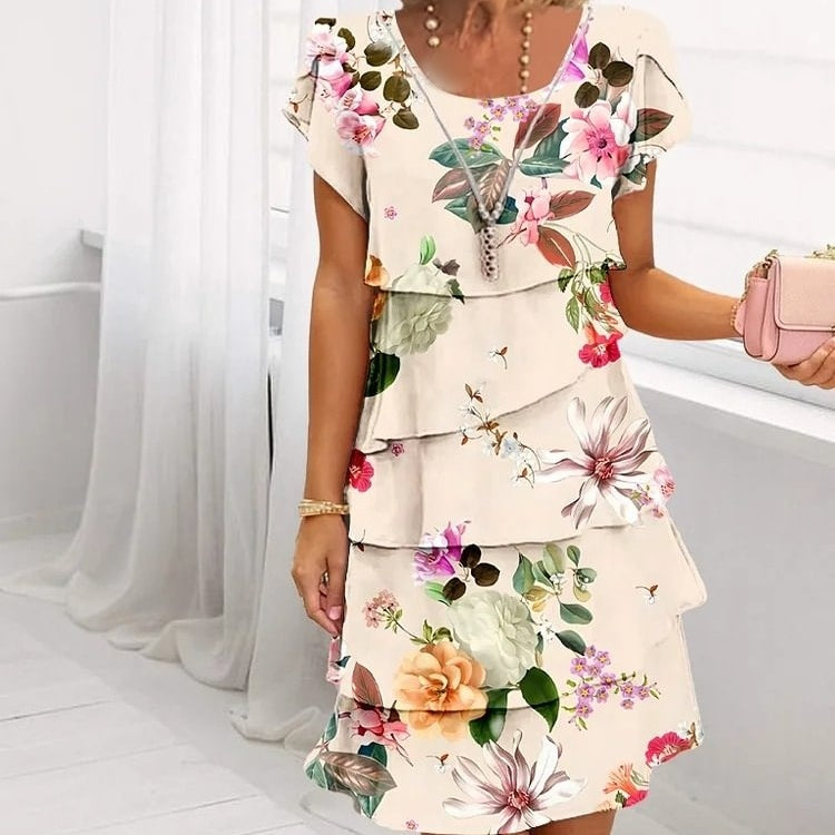 Floral waterfall summer dress with adjustable straps – Leona-Beige-S-Nora Luxe