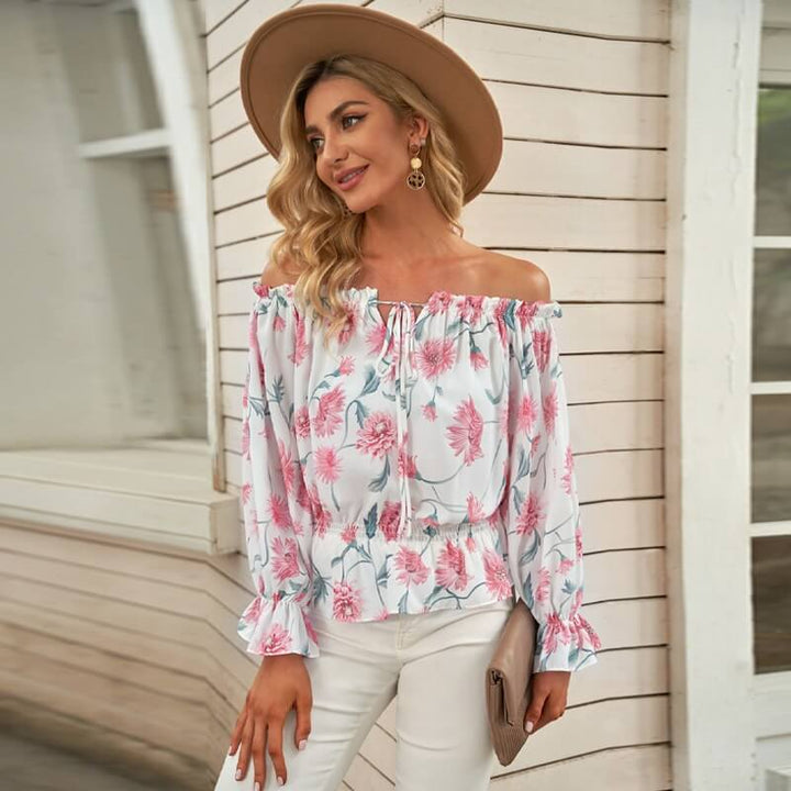Floral Women's Chiffon Blouse with Ruffled Sleeves - Elvira-Beige-S-Nora Luxe