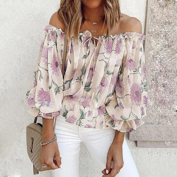 Floral Women's Chiffon Blouse with Ruffled Sleeves - Elvira-Beige-S-Nora Luxe