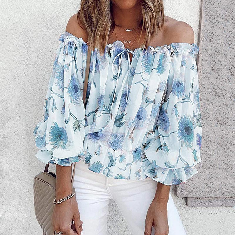 Floral Women's Chiffon Blouse with Ruffled Sleeves - Elvira-Blue-S-Nora Luxe