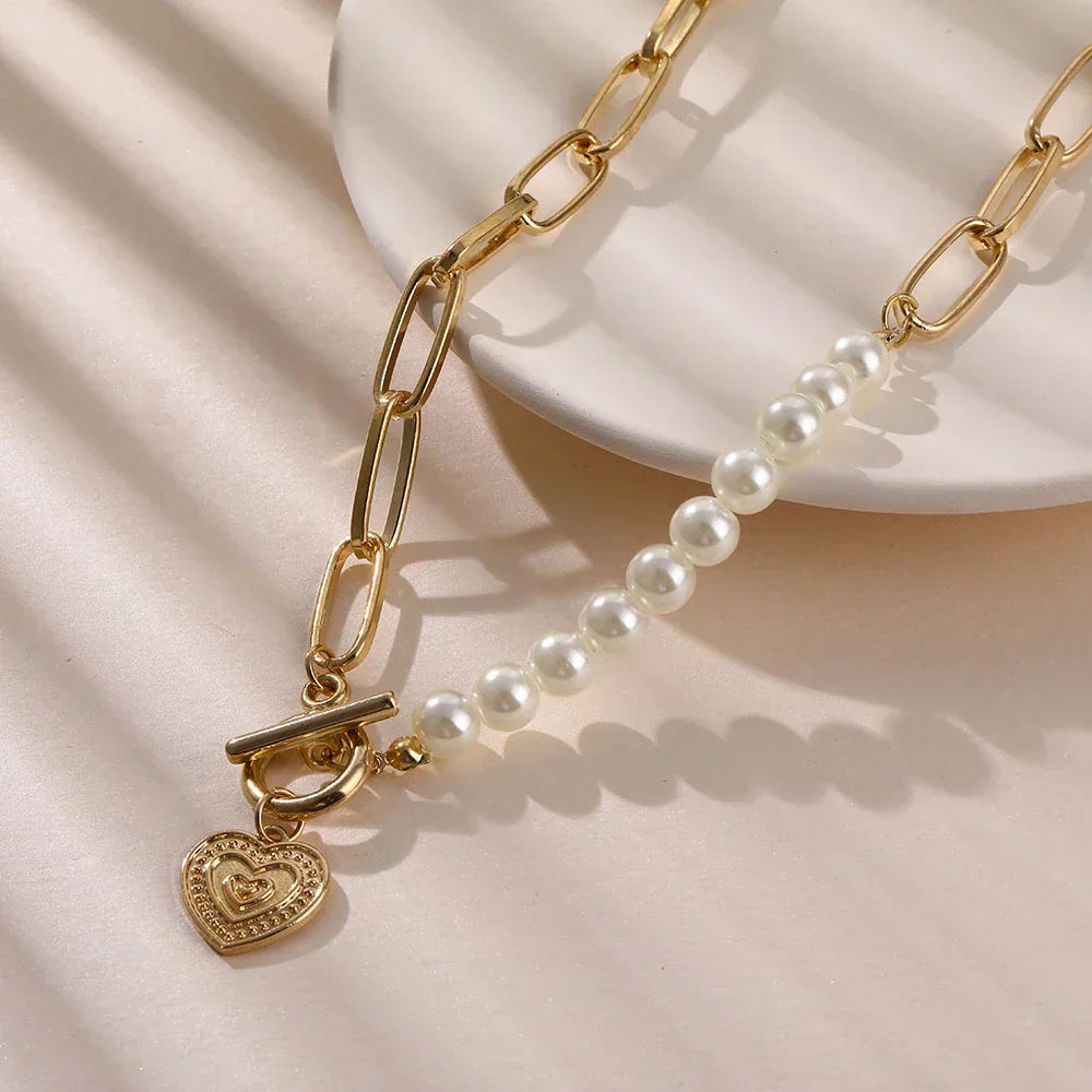 Golden Heart Necklace with Pearl Accents - Veerle-Nora Luxe