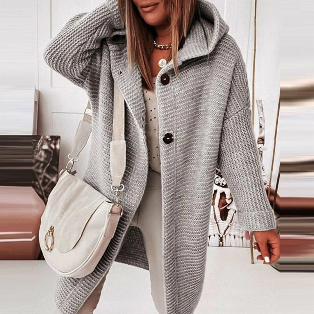 Half-length Knitted Women's Cardigan with Button Closure and Hood - Mila-Gray-S-Nora Luxe