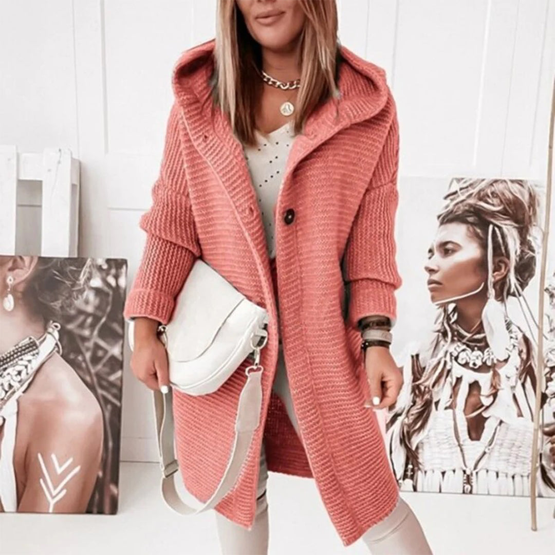 Half-length Knitted Women's Cardigan with Button Closure and Hood - Mila-Pink-S-Nora Luxe