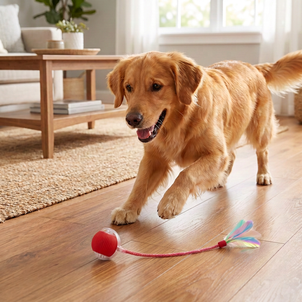 Golden retriever on a wood floor in a living room, pouncing toward a red ball with a feather tail 1