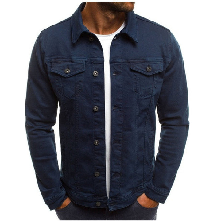 Dunkelblaue Herrenjacke, Slim Fit, mit Knöpfen und mehreren Taschen, Freizeitmode.