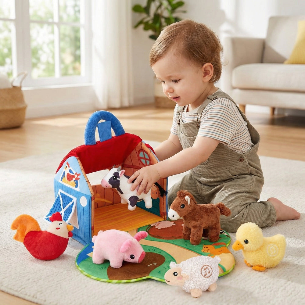 Toddler in striped shirt and overalls placing a plush cow into the open barn, with animals around 2
