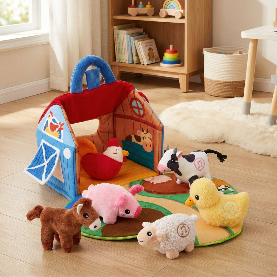 Open plush barn with red roof and play mat, surrounded by six soft farm animals in a bright nursery 1