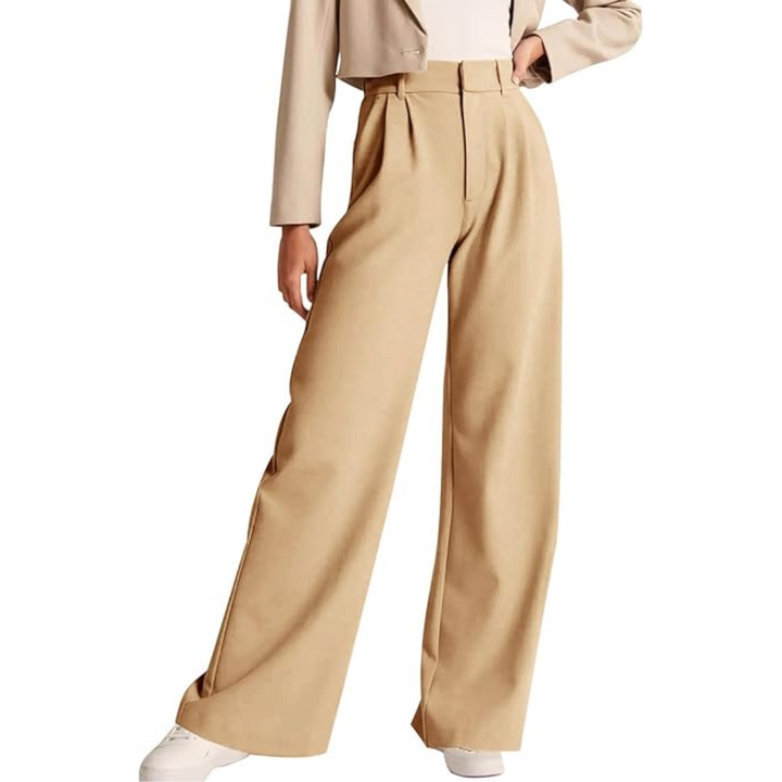 High Waisted Business Casual Work Trousers with Pockets - Katja-Khaki-S Short-Nora Luxe