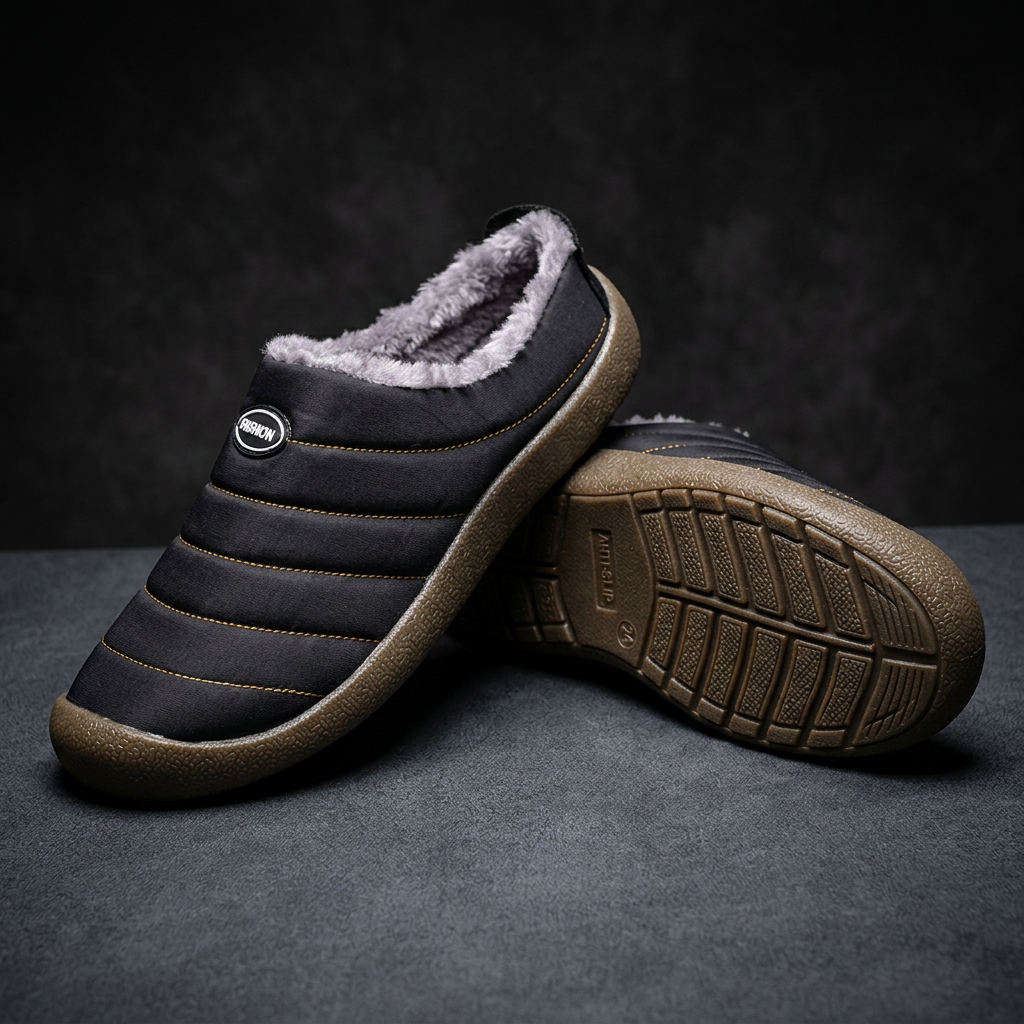 Black quilted slipper beside a second one resting on its side, showing the patterned non-slip outsole 19