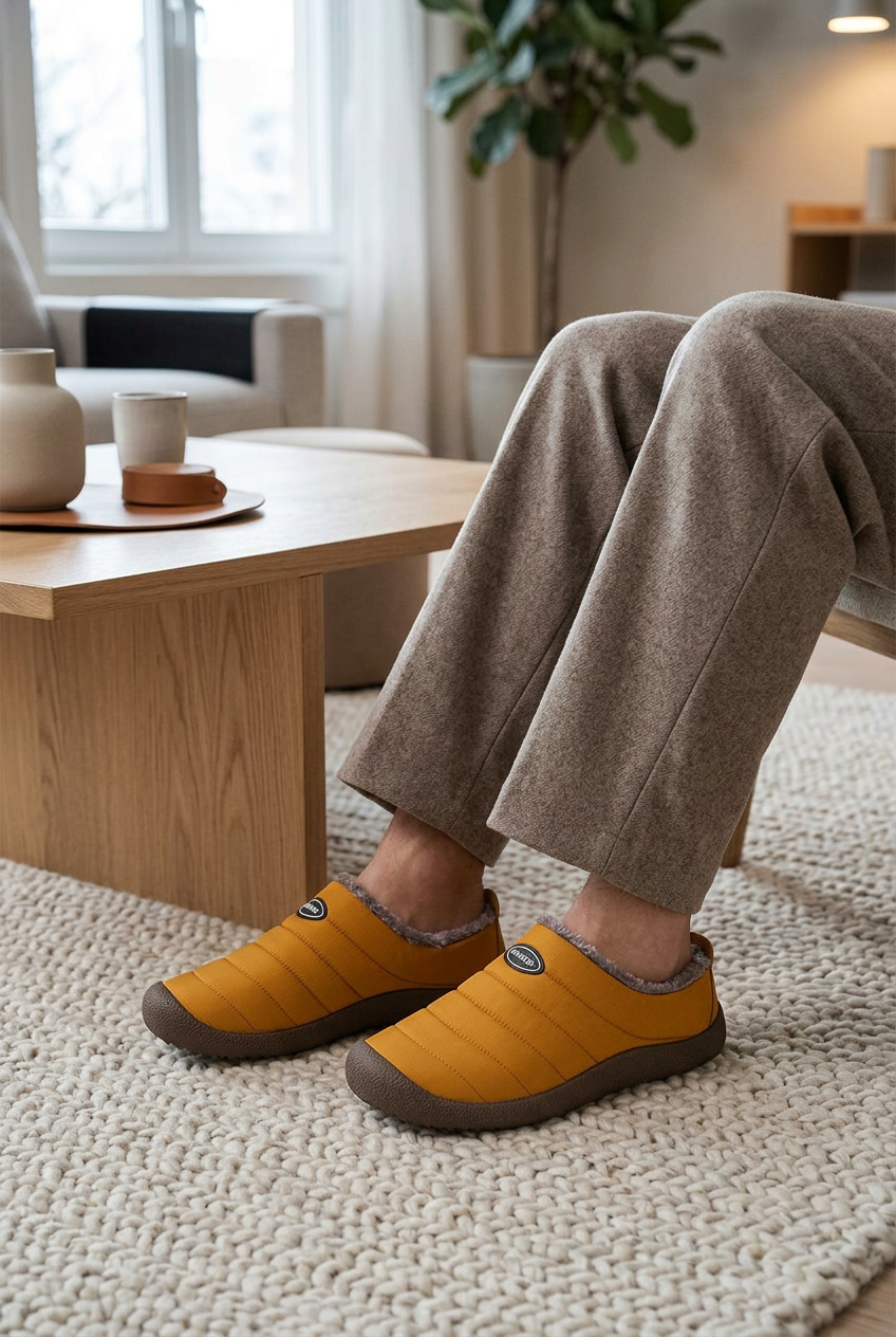Model's feet in mustard quilted slippers with fleece collars, resting on a cream knit rug beside a coffee table 1