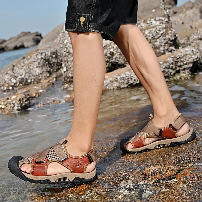 Khaki-coloured men's leather sandals in Roman style for summer and leisure – Cassian-6.5-Nora Luxe