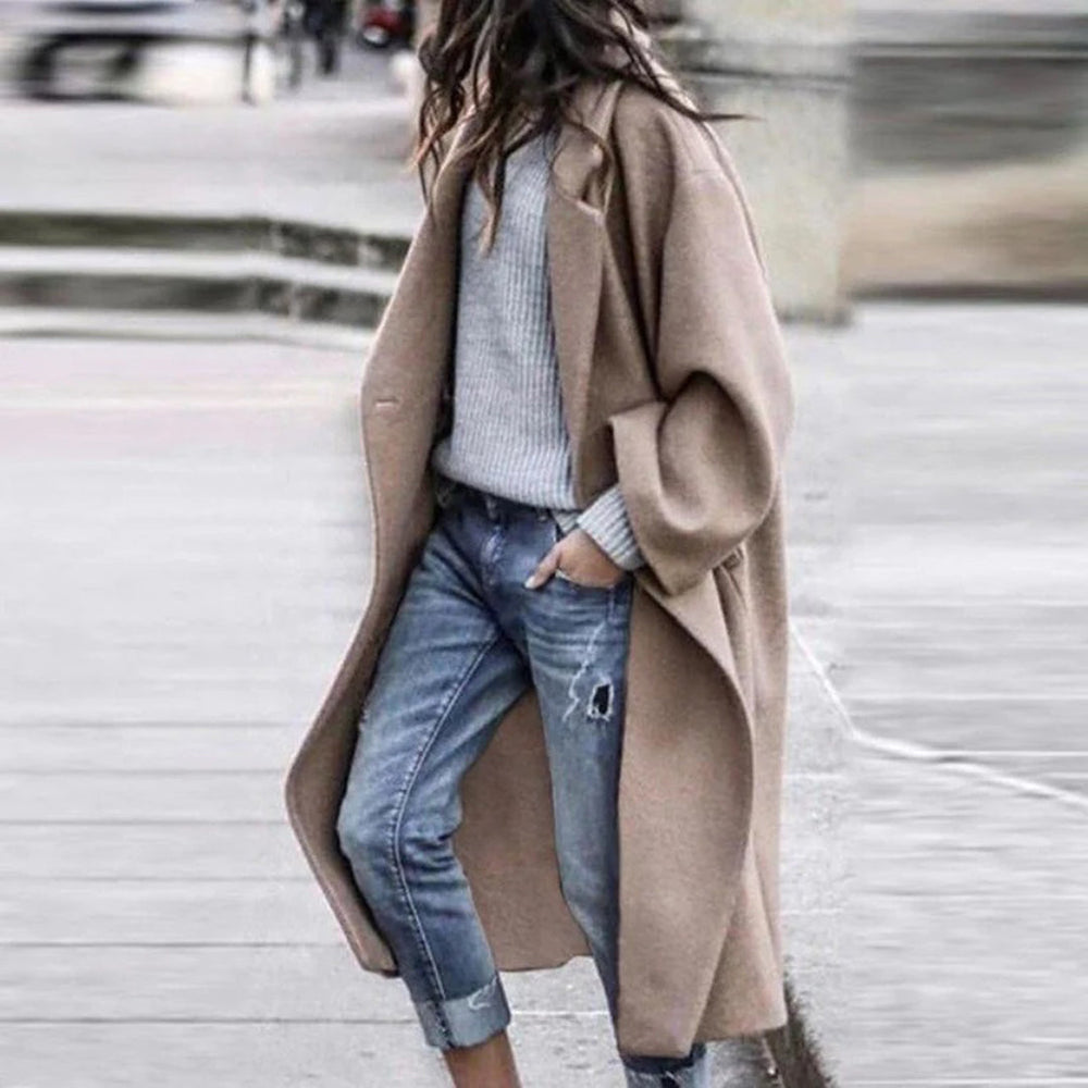 Knee-length Winter Coat with Large Collar for Ladies - Mira-Khaki-S-Nora Luxe