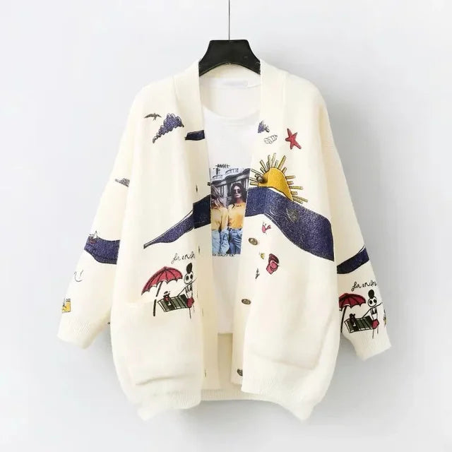 Knitted Cardigan with Playful Print and Button Closure - Nova-White-XS-Nora Luxe