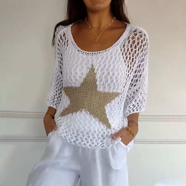 Knitted net top with round neck & crochet pattern - Noelle-White-M-Nora Luxe