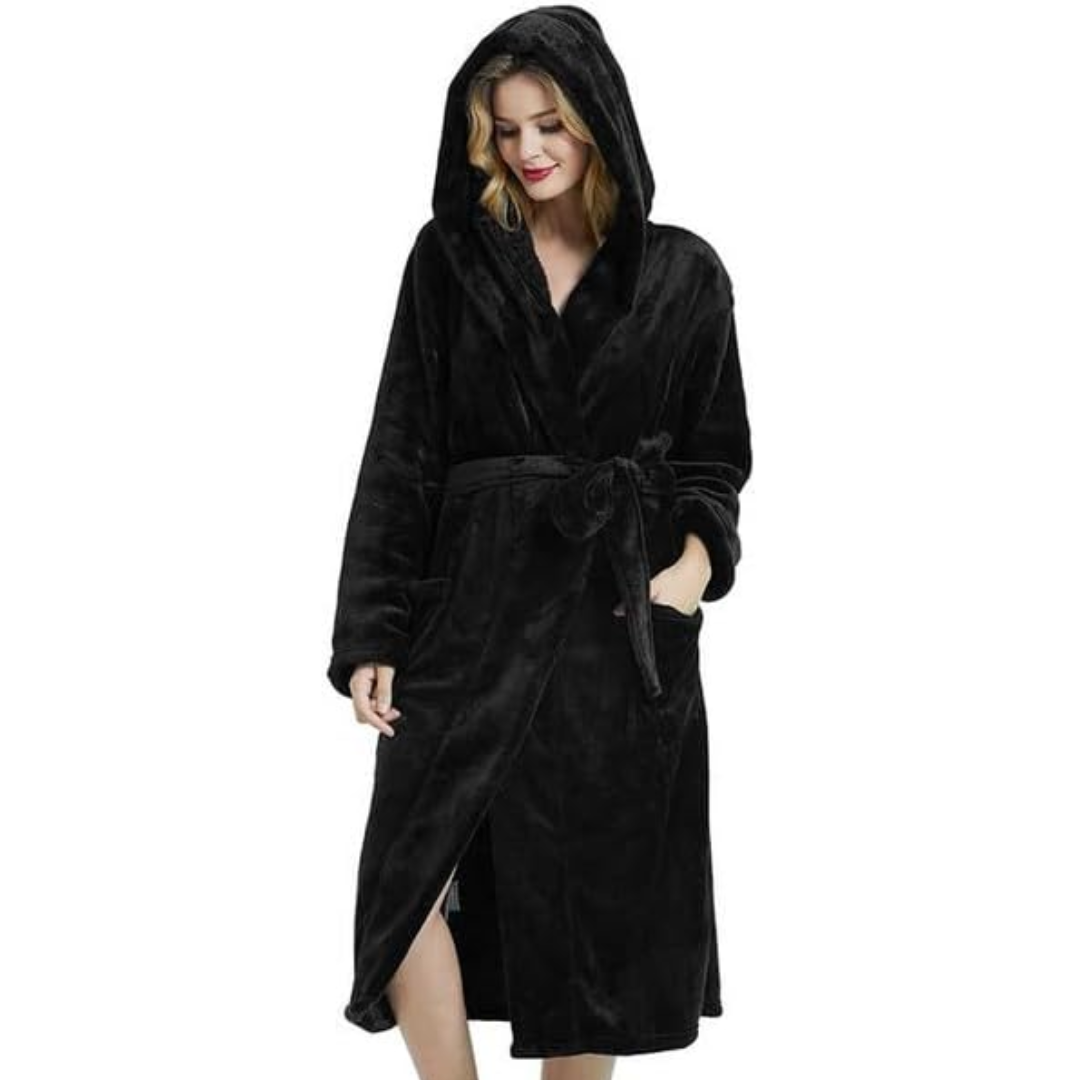 Ladies Fleece Bathrobe with Hood – Vivianne-Black-S-M-Nora Luxe