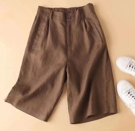 Ladies' summer shorts made of linen-cotton blend in knee length – Elvira-Coffee brown-S-Nora Luxe