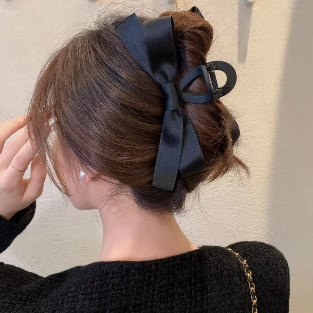 Large Satin Bow Clips-1 Piece Black + 1 Piece White-Nora Luxe