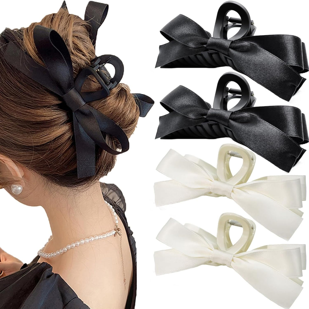 Large Satin Bow Clips-2 Pieces Black + 2 Pieces White-Nora Luxe