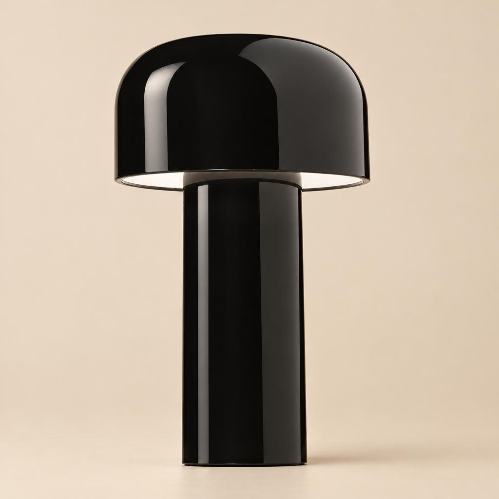 Close view of the glossy black mushroom lamp with its domed shade on a beige background 33