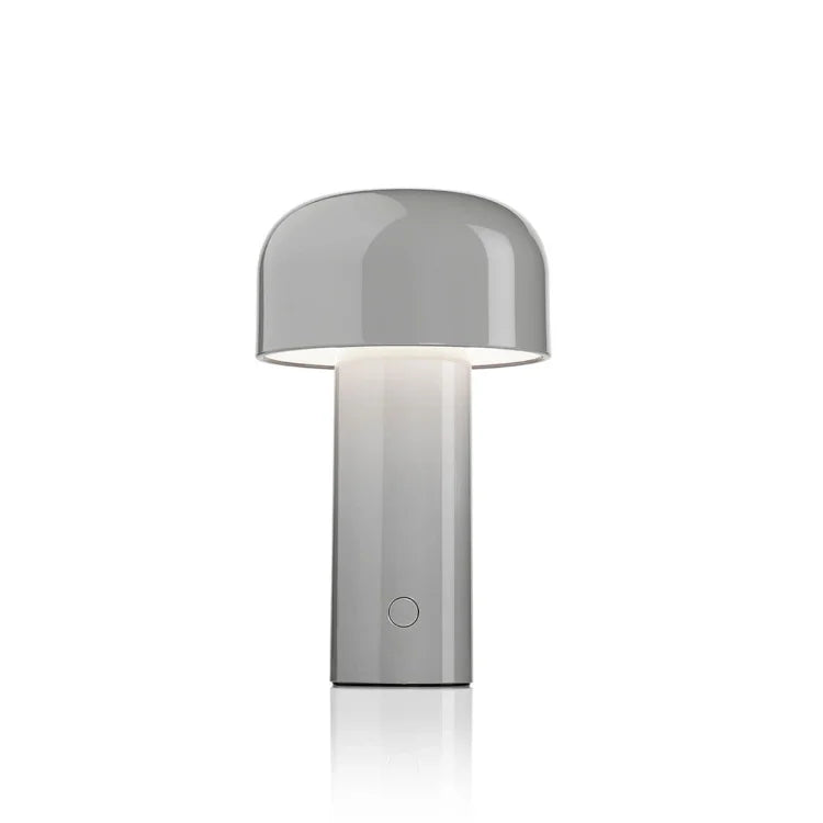 Glossy light gray mushroom lamp turned on, photographed on a plain white background 6