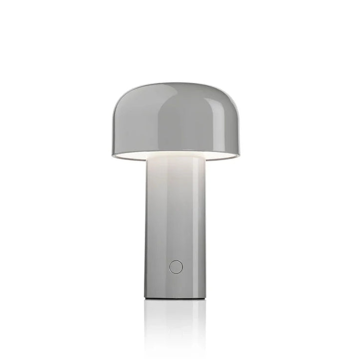 Glossy gray mushroom lamp with the light on, shown against a plain white background 6