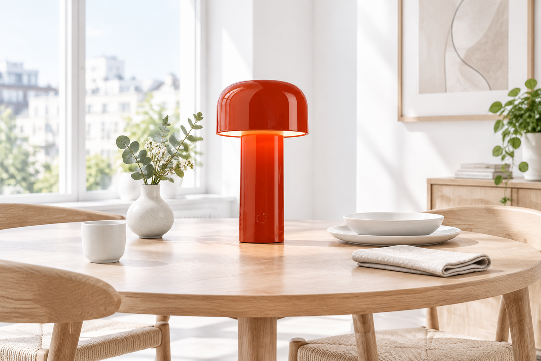 Glowing red mushroom lamp on a round wood dining table beside a vase and plates 1