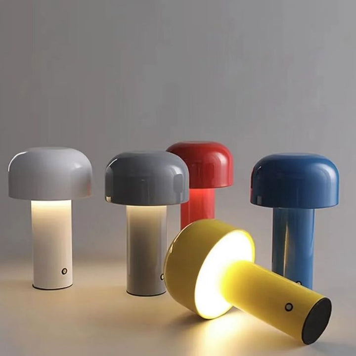 Five lamps in white, gray, red, blue and yellow, with the yellow one lying on its side, glowing 18